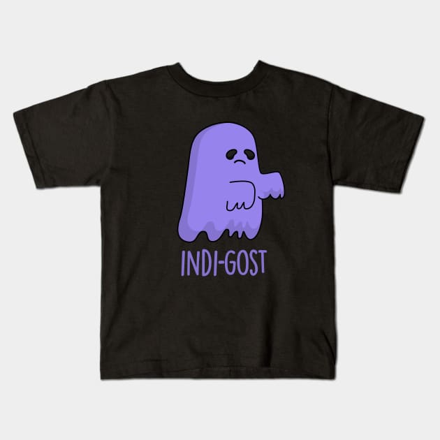 Indi-gost Cute Halloween Indigo Ghost Pun Kids T-Shirt by punnybone